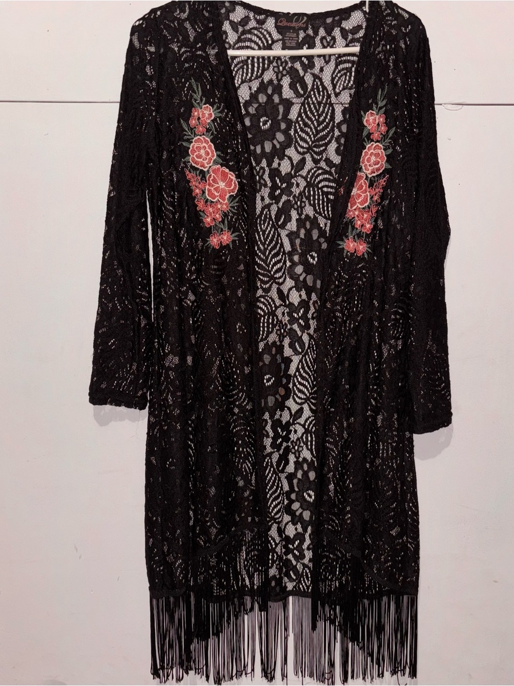 Sheer Black Lace Kimono with Pink Rose Embroidered Accents